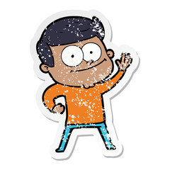 distressed sticker of a cartoon happy man