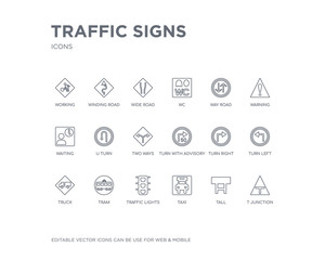 simple set of traffic signs vector line icons. contains such icons as t junction, tall, taxi, traffic lights, tram, truck, turn left, turn right, turn with advisory  speed and more. editable pixel