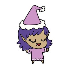 happy line drawing of a elf girl wearing santa hat