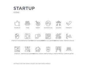 simple set of startup vector line icons. contains such icons as startup laptop, startup project search, shield, strategic vision, strategical planning, strategy, strategy choice, strategy game, in a