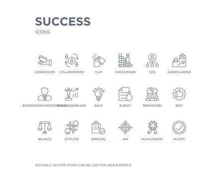simple set of success vector line icons. contains such icons as accept, achievement, aim, approval, attitude, balance, best, brainstorm, budget and more. editable pixel perfect.