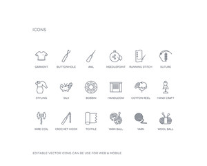 simple set of sew vector line icons. contains such icons as wool ball, yarn, yarn ball, textile, crochet hook, wire coil, hand craft, cotton reel, handloom and more. editable pixel perfect.
