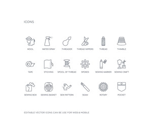 simple set of sew vector line icons. contains such icons as pocket, rotary, seam, sew pattern, sewing basket, sewing box, sewing craft, marker, spokes and more. editable pixel perfect.