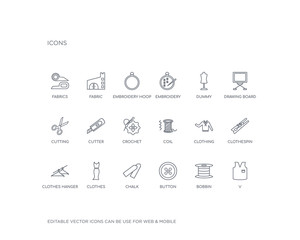 simple set of sew vector line icons. contains such icons as v, bobbin, button, chalk, clothes, clothes hanger, clothespin, clothing, coil and more. editable pixel perfect.