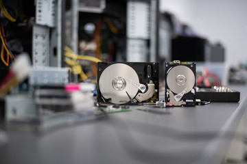 Opened hard drives for data recovery
