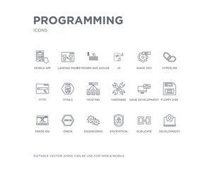 simple set of programming vector line icons. contains such icons as development, duplicate, encryption, engineering, error, error 404, floppy disk, game development, hardware and more. editable