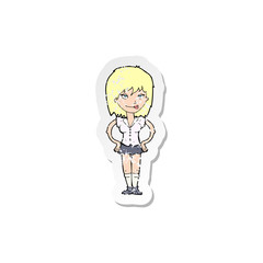 retro distressed sticker of a cartoon woman with hands on hips