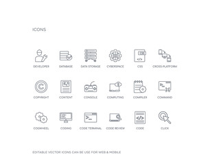 simple set of seo vector line icons. contains such icons as click, code, code review, code terminal, coding, cogwheel, command, compiler, computing and more. editable pixel perfect.