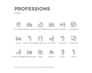 simple set of professions vector line icons. contains such icons as waiter, welder, wrestling, writer, software developer, physician assistant, orthodontist, statistician, pediatrician and more.