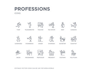 simple set of professions vector line icons. contains such icons as politician, postman, president, professor, programmer, racer, scientist, secretary, showman and more. editable pixel perfect.