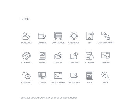 simple set of seo vector line icons. contains such icons as click, code, code review, code terminal, coding, cogwheel, command, compiler, computing and more. editable pixel perfect.