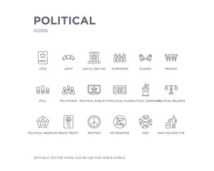 simple set of political vector line icons. contains such icons as man holding the vote paper on the box, ngo, no weapons, pacifism, peace treaty, political american elections publicity badge,