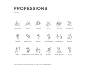 simple set of professions vector line icons. contains such icons as actor, archeologist, athlete, baby sitter, basketball player, boxer, builder, hr specialist, businessman and more. editable pixel