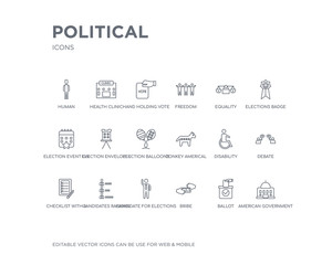 Fototapeta na wymiar simple set of political vector line icons. contains such icons as american government building, ballot, bribe, candidate for elections, candidates ranking graphic, checklist with a pencil, debate,