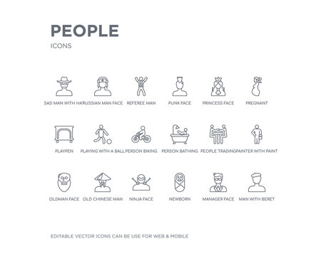 simple set of people vector line icons. contains such icons as man with beret, manager face, newborn, ninja face, old chinese man, oldman face, painter with paint bucket, people trading, person