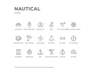 simple set of nautical vector line icons. contains such icons as air tank, anchor, antique telescope, bait, barometer, big barrel, big compass, big crate, boat bell and more. editable pixel perfect. - 253110115
