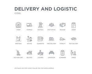 simple set of delivery and logistic vector line icons. contains such icons as cargo, clipboard, conveyor, courier, delivery, delivery cart, fast forklift, free and more. editable pixel perfect. - 253110146