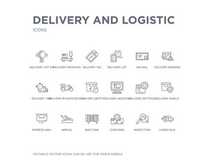 simple set of delivery and logistic vector line icons. contains such icons as cargo bus, inspection, checking, bar code, arrival, express mail, delivery shield, delivery settings, monitor and more.