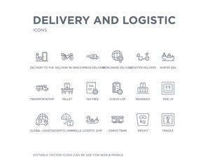 simple set of delivery and logistic vector line icons. contains such icons as fragile, weight, cargo train, logistic ship, logistic umbrella, global side up, packages, check list and more. editable