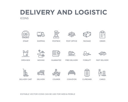 simple set of delivery and logistic vector line icons. contains such icons as cargo, clipboard, conveyor, courier, delivery, delivery cart, fast forklift, free and more. editable pixel perfect.