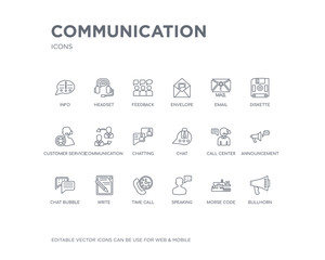simple set of communication vector line icons. contains such icons as bullhorn, morse code, speaking, time call, write, chat bubble, announcement, call center, chat and more. editable pixel perfect.