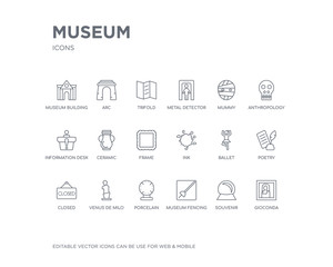 simple set of museum vector line icons. contains such icons as gioconda, souvenir, museum fencing, porcelain, venus de milo, closed, poetry, ballet, ink and more. editable pixel perfect.