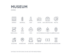 simple set of museum vector line icons. contains such icons as antique column, museum ticket, museum canvas, exhibition, map, sculpture, african mask, roman or greek helmet, no photo and more.