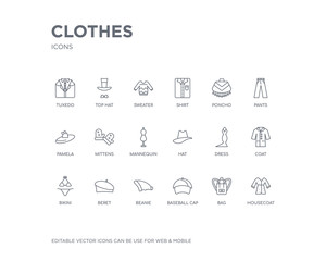 simple set of clothes vector line icons. contains such icons as housecoat, bag, baseball cap, beanie, beret, bikini, coat, dress, hat and more. editable pixel perfect.