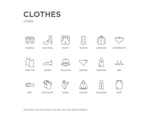 Fototapeta na wymiar simple set of clothes vector line icons. contains such icons as skirt, trousers, hoodie, jeans, polo shirt, belt, bra, hand bag, panties and more. editable pixel perfect.