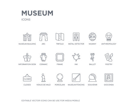 simple set of museum vector line icons. contains such icons as gioconda, souvenir, museum fencing, porcelain, venus de milo, closed, poetry, ballet, ink and more. editable pixel perfect.