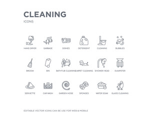 simple set of cleaning vector line icons. contains such icons as glass cleaning, water soak, sponges, garden hose, car wash, serviette, dumpster, shower head, carpet cleaning and more. editable