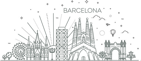 Banner of Barcelona city skyline in flat line trendy style. Barcelona city line art
