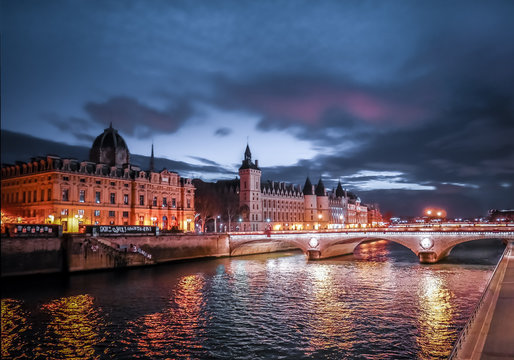 Paris at Night- Bridge, Palace and Island of city