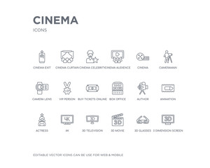 simple set of cinema vector line icons. contains such icons as 3 dimension screen, 3d glasses, 3d movie, 3d television, 4k, actress, animation, author, box office and more. editable pixel perfect.