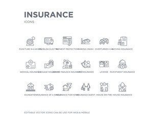 simple set of insurance vector line icons. contains such icons as house insurance for storms, house on fire, insurance agent, for home of tornado, of a shield with dollar, inundation, investment