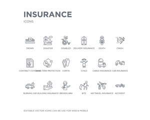 simple set of insurance vector line icons. contains such icons as accident, air travel insurance, bite, broken arm, building insurance, burning car, car cargo child and more. editable pixel perfect.