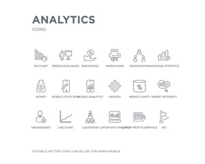 simple set of analytics vector line icons. contains such icons as ipo, laptop profits graphics, laptop with analysis, leadership, line chart, management, market research, merge charts, mission and