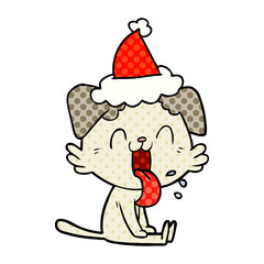 comic book style illustration of a panting dog wearing santa hat