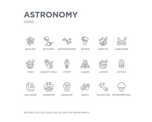 simple set of astronomy vector line icons. contains such icons as extraterrestrial, falling star, galaxy, gamma ray, generator, half moon, jet pack, jupiter, lander and more. editable pixel perfect.