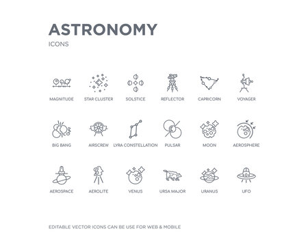 simple set of astronomy vector line icons. contains such icons as ufo, uranus, ursa major, venus, aerolite, aerospace, aerosphere, moon, pulsar and more. editable pixel perfect.