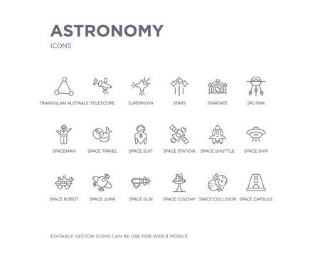 simple set of astronomy vector line icons. contains such icons as space capsule, space collision, space colony, gun, junk, robot, ship, shuttle, station and more. editable pixel perfect.