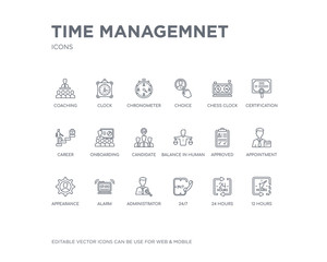 simple set of time managemnet vector line icons. contains such icons as 12 hours, 24 hours, 24/7, administrator, alarm, appearance, appointment, approved, balance in human resources and more.