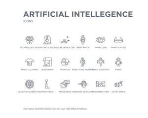 simple set of artificial intellegence vector line icons. contains such icons as outer space, panoramic view, personal assistant, processing, prosthesis, quantum computing, robot, robot assistant,