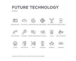 simple set of future technology vector line icons. contains such icons as hyperloop, immersive, incubator, infra, intelligence, jetpack, laws of robotics, layers, match moving and more. editable