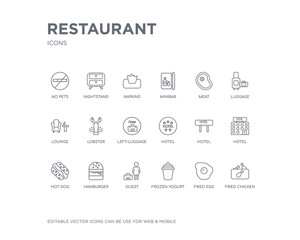 simple set of restaurant vector line icons. contains such icons as fried chicken, fried egg, frozen yogurt, guest, hamburger, hot dog, hotel, hotel, hotel and more. editable pixel perfect.