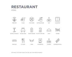 simple set of restaurant vector line icons. contains such icons as cinnamon roll, closed, cookbook, crab, cutlery, dim sum, dinner, dish, do not disturb and more. editable pixel perfect.