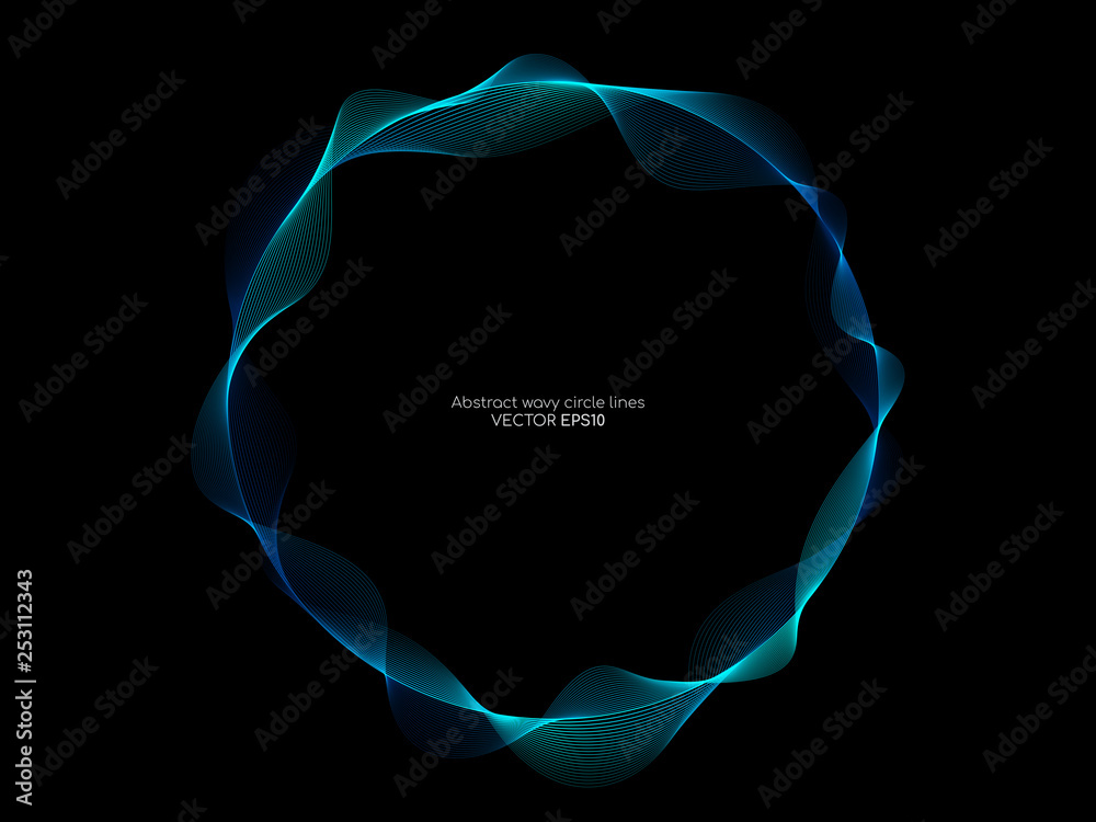 Poster Vector abstract circle frame with wave lines pattern flowing in blue green colors isolated on black background in concept of music, technology, ai