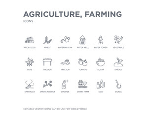 simple set of agriculture, farming vector line icons. contains such icons as sickle, silo, smart farm, sprayer, spring flower, sprinkler, sprout, sugar, tomato and more. editable pixel perfect.