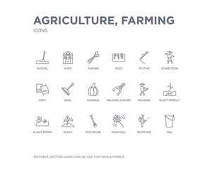 simple set of agriculture, farming vector line icons. contains such icons as pail, pesticide, pinwheel, pitchfork, plant, plant seeds, plant sprout, pruners, pruning shears and more. editable pixel