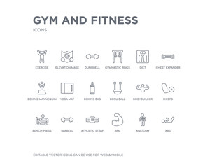simple set of gym and fitness vector line icons. contains such icons as abs, anatomy, arm, athletic strap, barbell, bench press, biceps, bodybuilder, bosu ball and more. editable pixel perfect.